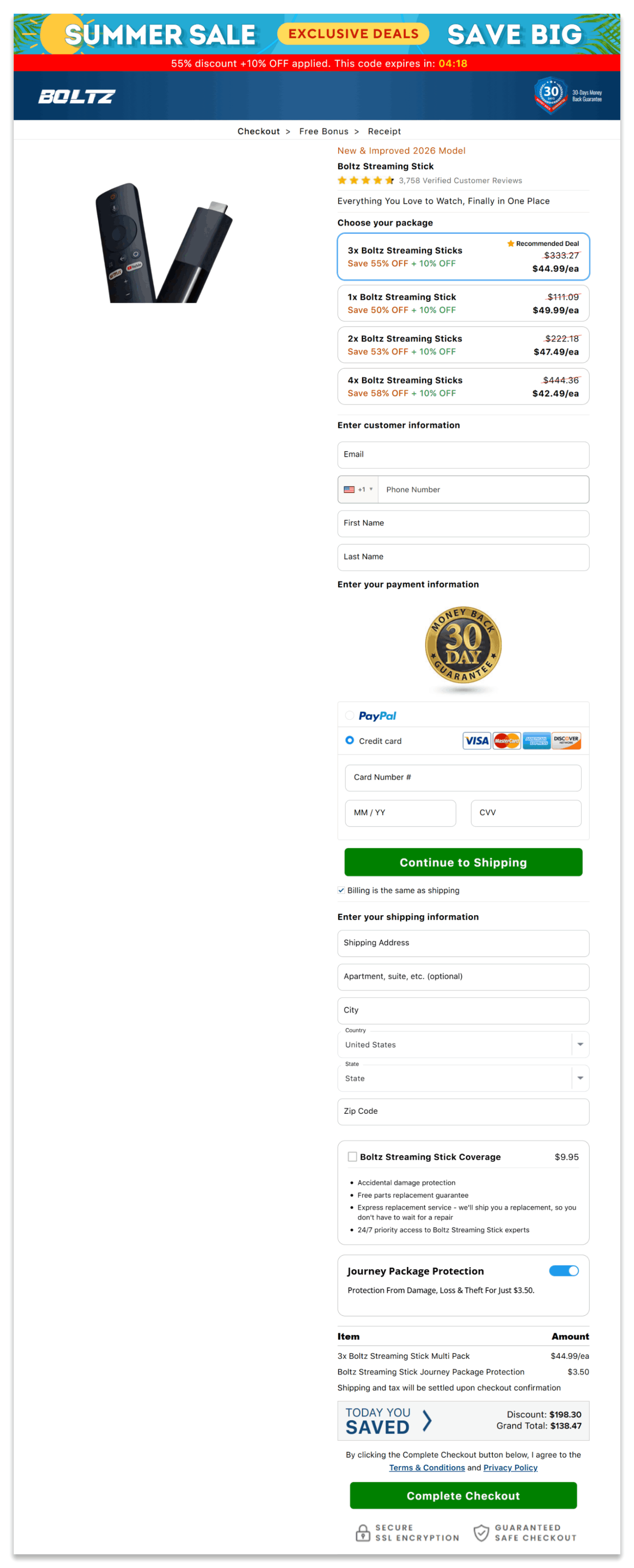 Boltz Streaming Stick Secure Checkout Page